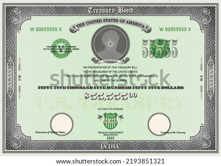 Vector fictional 55,555 dollars US treasury bond. Frame with guilloche grid. Ribbon with the inscription Lincoln. Bill in retro style in nominal of fifty five thousand five hundred and fifty five
