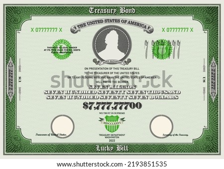 Vector fictional 7 777 777 dollars US treasury bond. Frame with guilloche grid. Ribbon with the inscription Buchanan. Bill in retro style