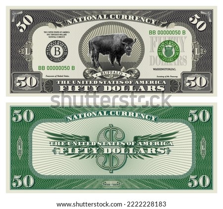 Vector obverse and reverse of a 50 dollars banknote with wings. Game US paper money with a wild buffalo. Green and gray guilloche frame