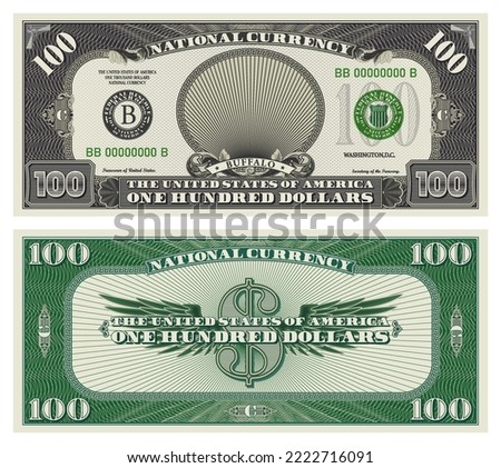 Vector obverse and reverse of a 100 dollars banknote with wings. Game US paper money with a wild two buffalo. Green and gray guilloche frame