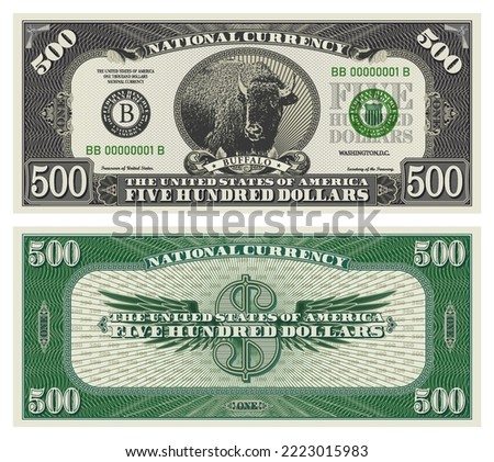 Vector obverse and reverse of a 500 dollars banknote with wings. Game US paper money with a wild buffalo. Green and gray guilloche frame