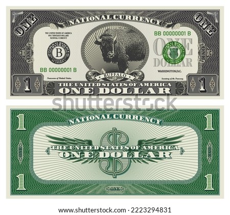Vector obverse and reverse of a one dollar banknote with wings. Game US paper money with a wild buffalo. Green and gray guilloche frame
