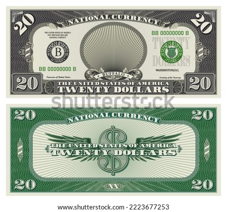 Vector obverse and reverse of a 20 dollars banknote with wings. Game US paper money with a wild buffalo. Green and gray guilloche frame