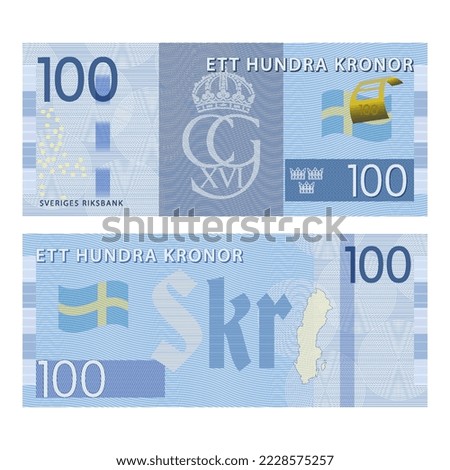 Vector gaming Scandinavian banknote. Inscriptions in Swedish mean one hundred crowns and the Swedish national bank. Obverse and reverse banknotes, flag, symbols and guilloche patterns