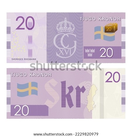 Vector gaming Scandinavian banknote. Inscriptions in Swedish mean twenty crowns and the Swedish national bank. Obverse and reverse banknotes, flag, symbols and guilloche patterns