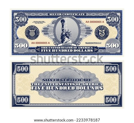 Vector blue banknote obverse and reverse silver certificate of 500 US dollars. Oval, liberty and guilloche frame. American paper money.