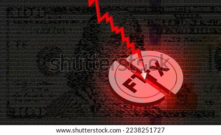 3d vector split in half token with the abbreviation FTX on the background of a dark digital pixel banknote of 100 US dollars. Red arrow graph. Financial crypto exchange collapse.