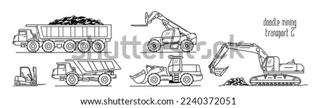 Vector black and white doodles. Set of different hand drawn, heavy mining vehicles. Tipper, little and big forklift, loader and excavator. Simple transport.