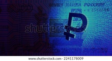 Vector glowing 3d digital ruble symbol with digits on the background of a pixelated 5000 russian rubles banknote. Financial and economic poster.