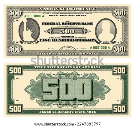 Vector new 500 dollars banknote. Obverse and reverse of US paper money in retro style with ovals. Ribbons with inscriptions, Liberty and Monroe.