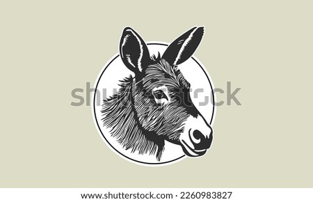 Vector black and white cute sticker of an eared donkey head in a circle. Logo, icon or emblem.
