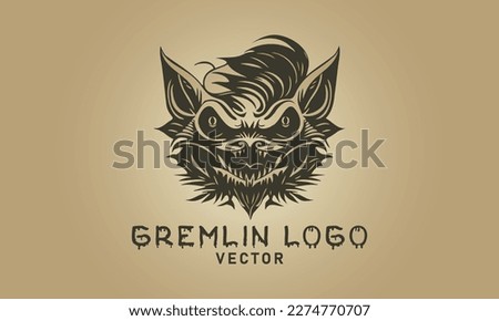 Vector stencil of a scary shaggy eared muzzle of a gremlin. Fantasy fabulous animal. Logo, sticker or emblem.