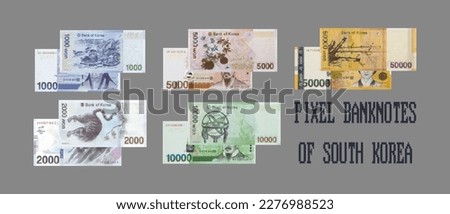 Vector set of pixelated mosaic paper banknotes of South Korea. Obverse and reverse of bills in denominations from 1000 to 50000 won.