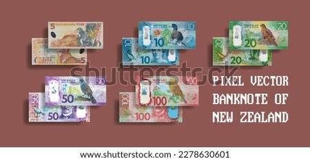 Vector set of mosaic pixelated New Zealand banknotes. Bills in denominations of 5, 10, 20, 50 and 100 dollars.