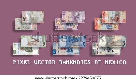 Vector set of pixelated mosaic banknotes of Mexico. Notes in denominations of 20, 50, 100, 200, 500 and 1000 Mexican pesos.