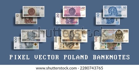 Vector pixel mosaic banknotes of Poland. Bills in denominations of 10, 20, 50, 100, 200 and 500 zlotys. Polish notes.