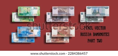 Vector set of pixelated mosaic banknotes of the Russian Federation. Bills in denominations of 200, 500, 1000, 2000 and 5000 rubles. Part two.