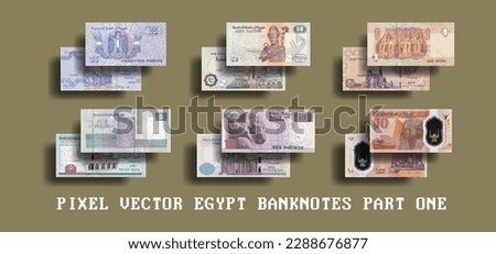 Vector set of pixel mosaic Egyptian banknotes. Paper and plastic bills, denominations of 25 and 50 piastres, 1, 5 and 10 pounds. Part one.