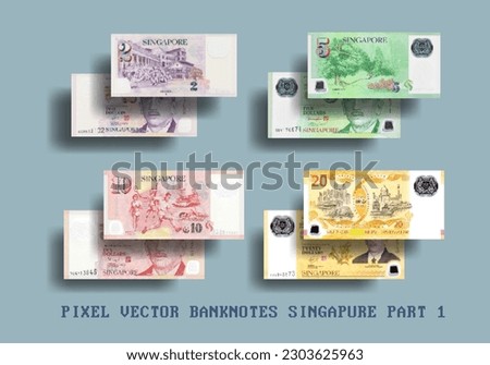 Set of vector pixel mosaic Singapore banknotes. The denominations of the bills are 2, 5, 10 and 20 dollars. Part one.