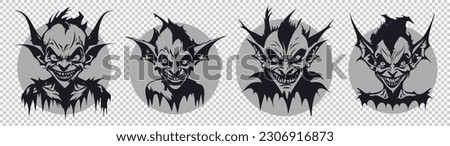 Vector set of graphic monochrome portraits of scary ugly funny gremlins with circles on an isolated background. Stickers or icons.