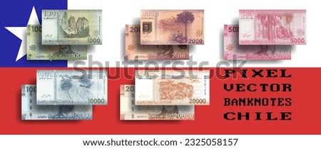 Vector pixelated mosaic set of Chile banknotes. Bills in denominations from 1000 to 20000 Chilean pesos. Flyers or play money.