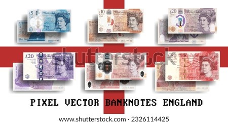 Vector pixel mosaic set of UK banknotes with the Queen. Notes in denominations of 5, 10, 20 and 50 pounds. Flyers or play money.