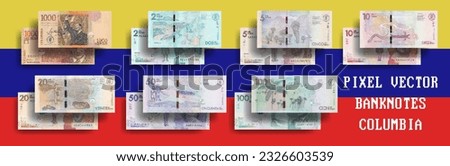 Vector pixel mosaic set of Colombian banknotes. Bills in denominations from 1000 to 100000 pesos. Colombia, flyers or play money.