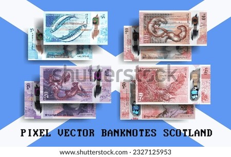 Vector pixel mosaic set of Scotland banknotes. Notes in denominations of 5, 10, 20 and 50 Scottish pounds. Royal bank. Flyers or play money.