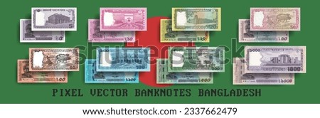 Vector pixelated mosaic Bangladesh banknote set. Notes in denominations of 5, 10, 20, 50, 100, 500 and 1000 Bangladeshi taka. Flyers or play money.