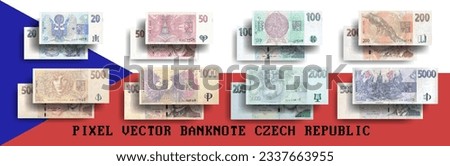 Vector set of pixelated mosaic banknotes of the Czech Republic. Bills in denominations of 20, 50, 100, 200, 500, 1000, 2000 and 5000 CZK. Flyers or play money.