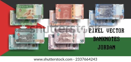 Vector pixelated mosaic set of Jordan banknotes. Banknotes in denominations of 1, 5, 10, 20 and 50 Jordanian dinars. Flyers or game banknotes.