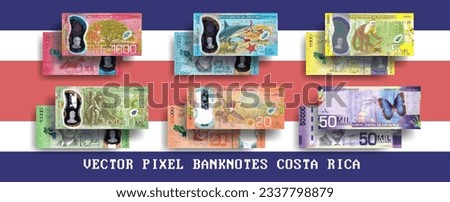Vector pixel mosaic set of Costa Rica banknotes. Bills in denominations of 1000, 2000, 5000, 10000, 20000 and 50000 colones. Flyers or play money.