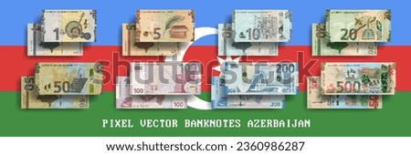 Vector set of pixel mosaic banknotes of Azerbaijan. Bills in denominations of 1, 5, 10, 20, 50, 100, 200 and 500 manats. Play money or flyers.