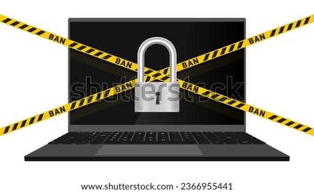 Vector 3D black turned off notebook. Metal steel closed classical padlock with yellow ribbons and the inscription ban. Prohibition and blocking. Mobile device.