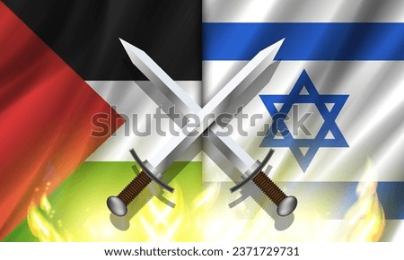 Vector political military poster. Combat, conflict and war. Crossed steel swords and flames against the background of the wavy flags of Palestine and Israel.