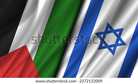 Vector wavy flags of Palestine and Israel. Relations between countries. Conflict or friendship. Politics economic banner.