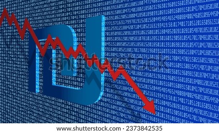 Vector economic and financial poster. 3d blue symbol of the Israeli new shekel and a falling red arrow with a shadow on the background of a large number of numbers. Crisis and collapse.