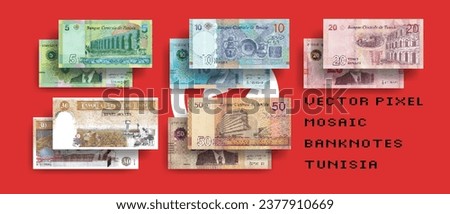 Vector set of mosaic pixel banknotes of Tunisia. Collection of bills in denominations of 5, 10, 20, 30 and 50 Tunisian dinars. Play money or flyers.