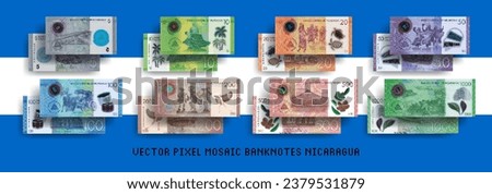 Vector set of pixel mosaic banknotes of Nicaragua. Collection of bills in denominations of 5, 10, 20, 50, 100, 200, 500 and 1000 cordobas. Play money or flyers.