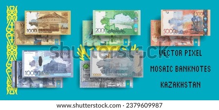Vector set of pixel mosaic banknotes of Kazakhstan. Collection of bills in denominations of 1000, 2000, 5000, 10000 and 20000 tenge. Play money or flyers.