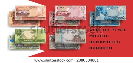 Vector set of pixel mosaic banknotes of Bahrain. Collection of bills in denominations of half dinar, 1, 5, 10 and 20 Bahraini dinars. Play money or flyers.