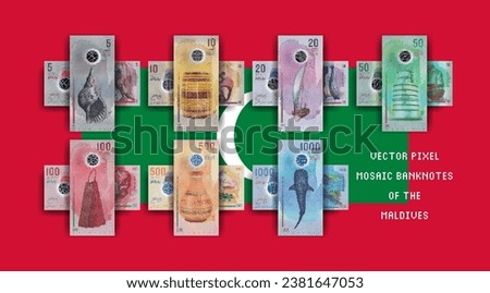 Vector set of pixel mosaic Maldives banknotes. Collection of bills in denominations of 5, 10, 20, 50, 100, 500 and 1000 rufiyaa. Play money or flyers. Capital of Male.