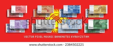 Vector set of pixel mosaic banknotes of Kyrgyzstan. Collection of bills in denominations of 20, 50, 100, 200, 500, 1000, 2000 and 5000 soms. Play money or flyers.