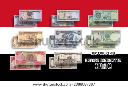 Vector set of pixel mosaic banknotes of Iraq. Collection of bills in denominations of 50, 250, 500, 1000, 5000, 10000, 25000 and 50000 Iraqi dinars. Play money or flyers.