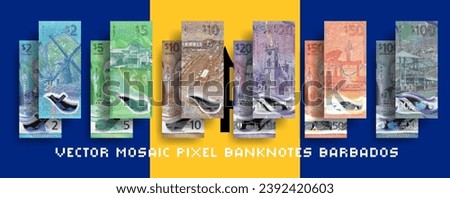 Vector set of Barbados pixel mosaic banknotes. Collection of bills in denominations of 2, 5, 10, 20, 50 and 100 Barbadian dollars. Obverse and reverse. Play money or flyers.