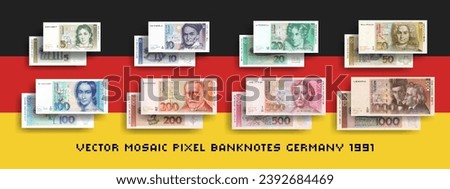 Vector set of pixel mosaic banknotes of the Federal Republic of Germany.  Сollection of bills in denominations of DM 5, 10, 20, 50, 100, 200, 500 and 1000. Obverse and reverse. Play money or flyers.