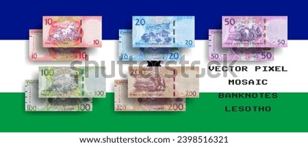 Vector set of pixel mosaic Lesotho banknotes. Collection of notes in denominations of 10, 20, 50, 100 and 200 maloti. Obverse and reverse. Play money or flyers.