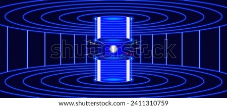 Vector bright radiant glowing blue abstract high tech wide banner. Nuclear cold fusion reactor from the future. Glowing spark or star on a round 3D podium. Powerful power unit. Splitting the atom.