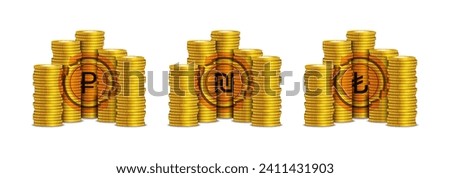 Vector set of gold coins. Stacks of metal tokens. Signs of world currencies, ruble, shekel and lira. Big piles of money. Cashback. White isolated background.