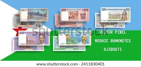 Vector set of pixel mosaic banknotes of Djibouti. Collection of notes in denominations of 40, 1000, 2000, 5000 and 10000 francs. Obverse and reverse. Play money or flyers.